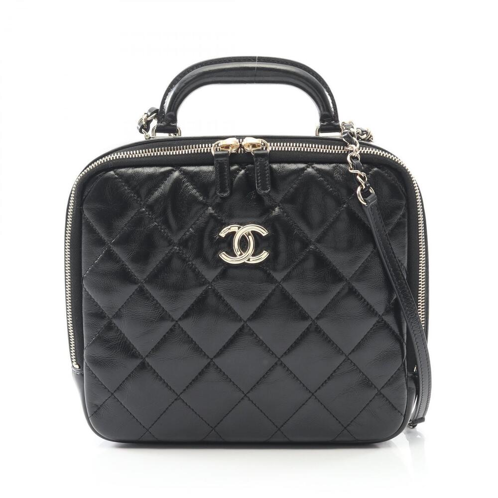 Chanel Matelasse Top Handle Shoulder Bag Leather Shiny Calfskin Black